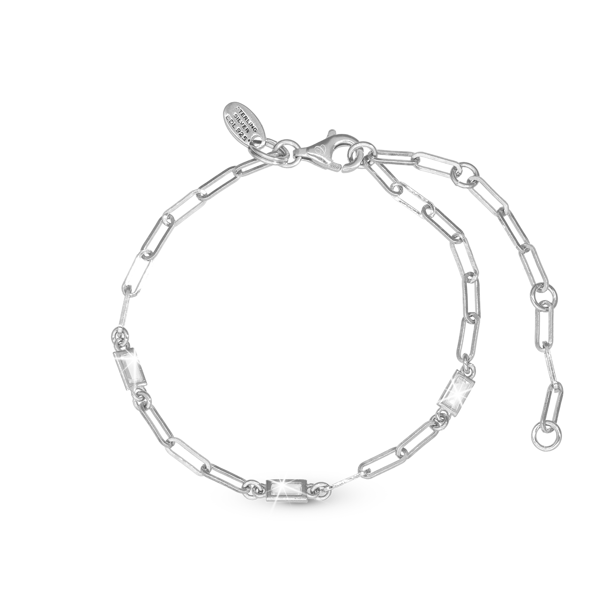 Shiny Links Bracelet - Polished Sterling Silver with 3 white