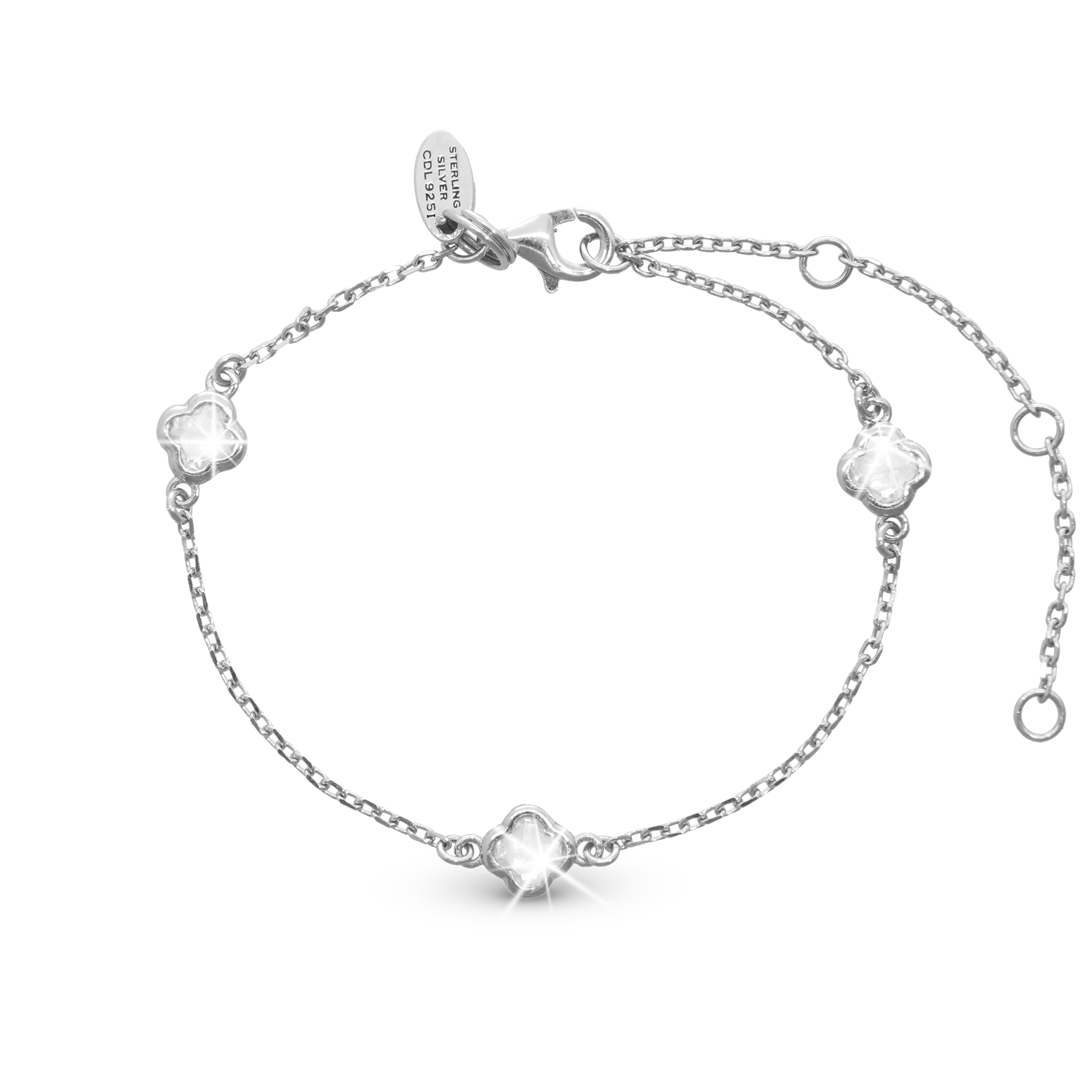 Glowing Clover Bracelet - Polished Sterling Silver with 3 white