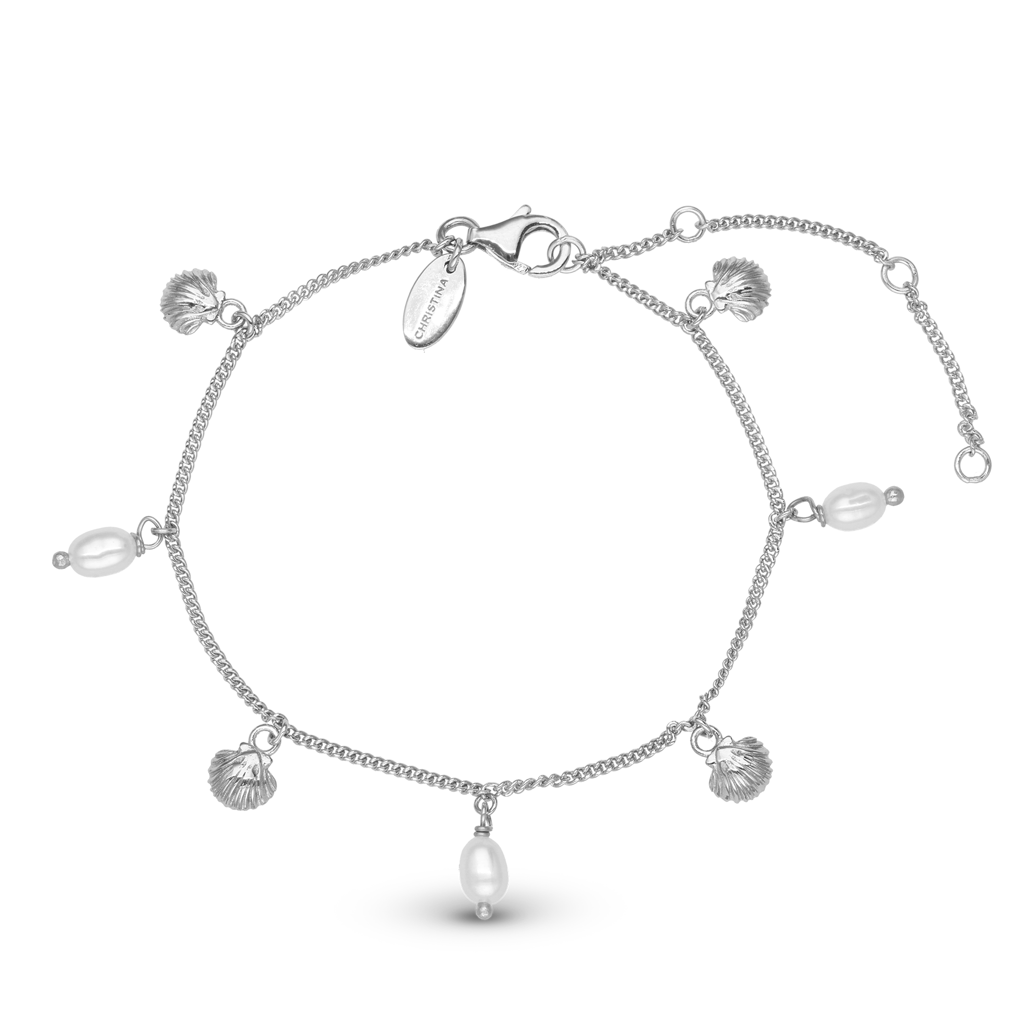 Pearl Shell Bracelet - Polished Sterling Silver with 3 white Freshwater Pearls