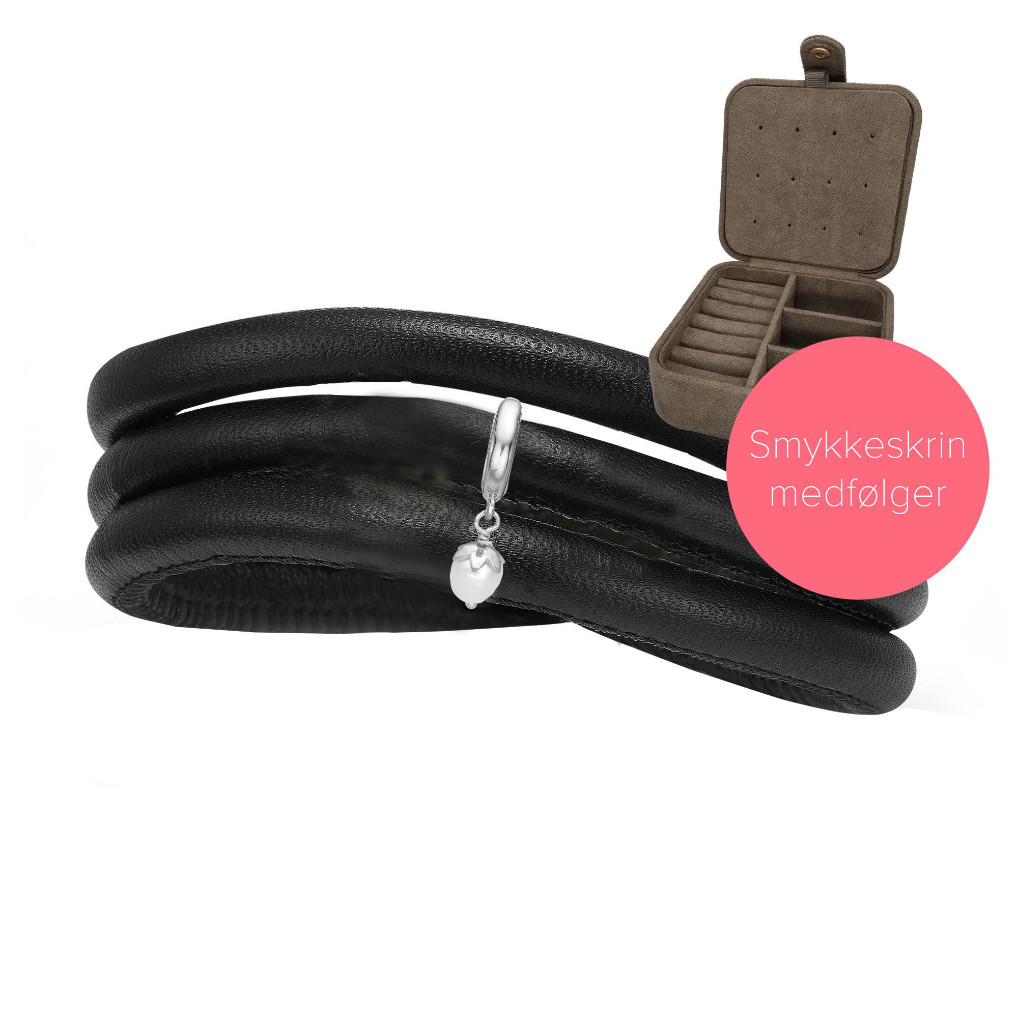 Embrace Classic Læder Sæt - med 6 mm Charm i Sterling Silver og Smykkeskrin