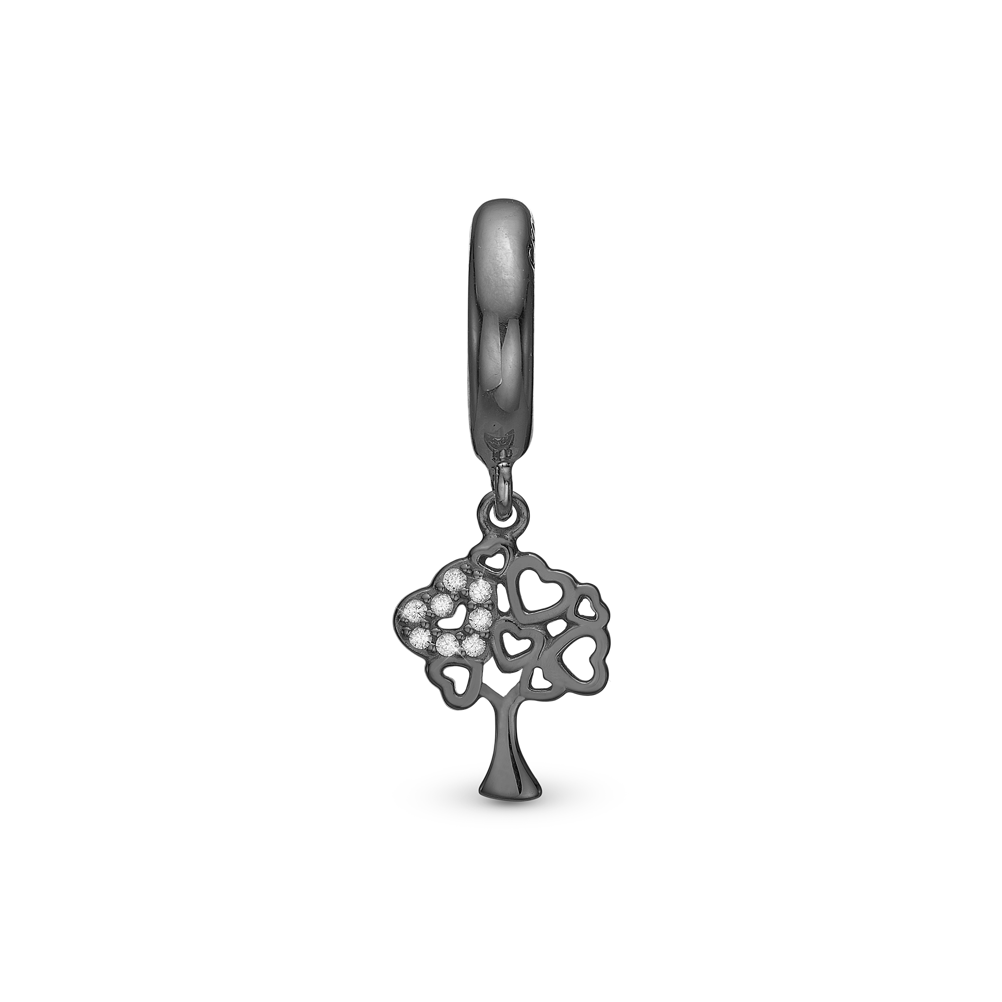 Tree of Hearts Drop Charm 6 mm for Leather Bracelet - Polished Ruthenium Plated with 8 white Cubic Zirkonia