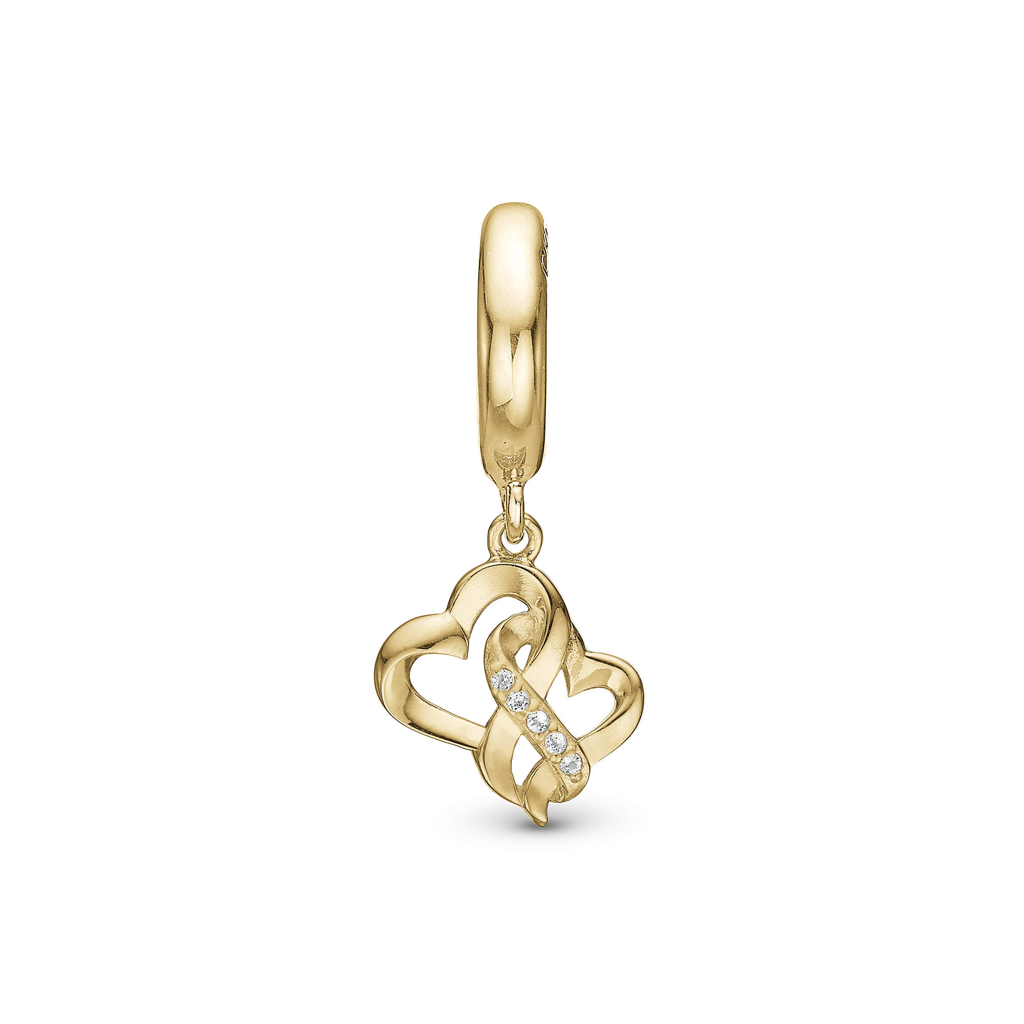 Mother Child True Love Drop Charm 6 mm for Leather Bracelet - Polished Gold Plated Sterling Silver with 6 white Cubic Zirkonia