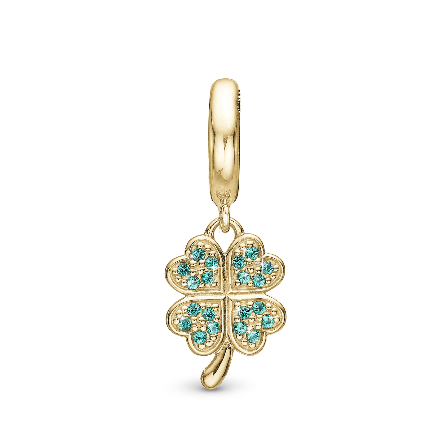 Lucky Clover Hænger Charm 6 mm Til Armbånd - Forgyldt Sterling Sølv m. 20 Grønne Cubic Zirkonia