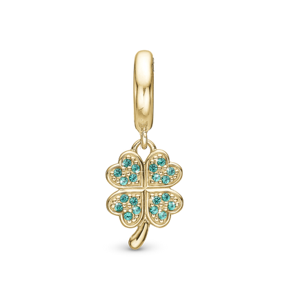 Lucky Clover Hænger Charm 6 mm Til Armbånd - Forgyldt Sterling Sølv m. 20 Grønne Cubic Zirkonia