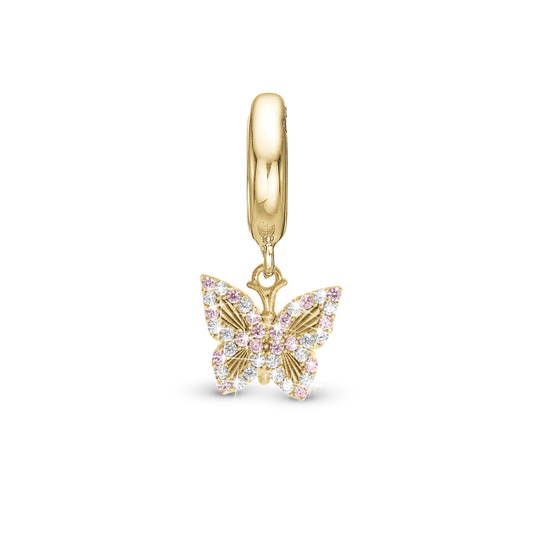 Sparkling Butterfly Drop Earring Charm 6 mm for Bracelet - Polished Gold Plated Sterling Silver with 5 Pinke Cubic Zirkonia