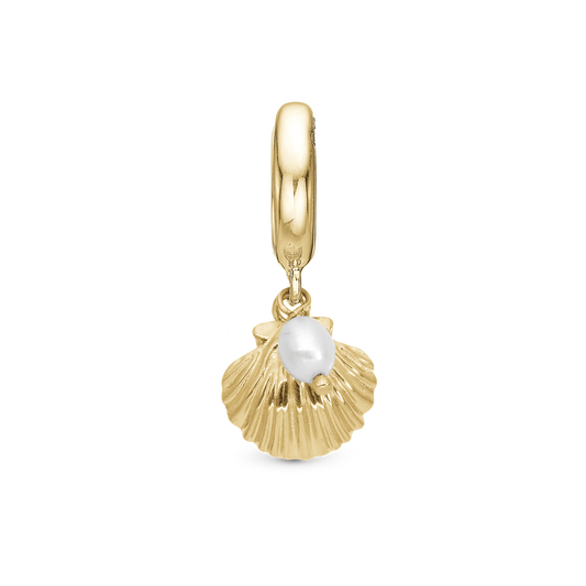 Clam shell Drop Earring Charm 6 mm for Bracelet - Polished Gold Plated Sterling Silver with 1 Ferskvandsperle
