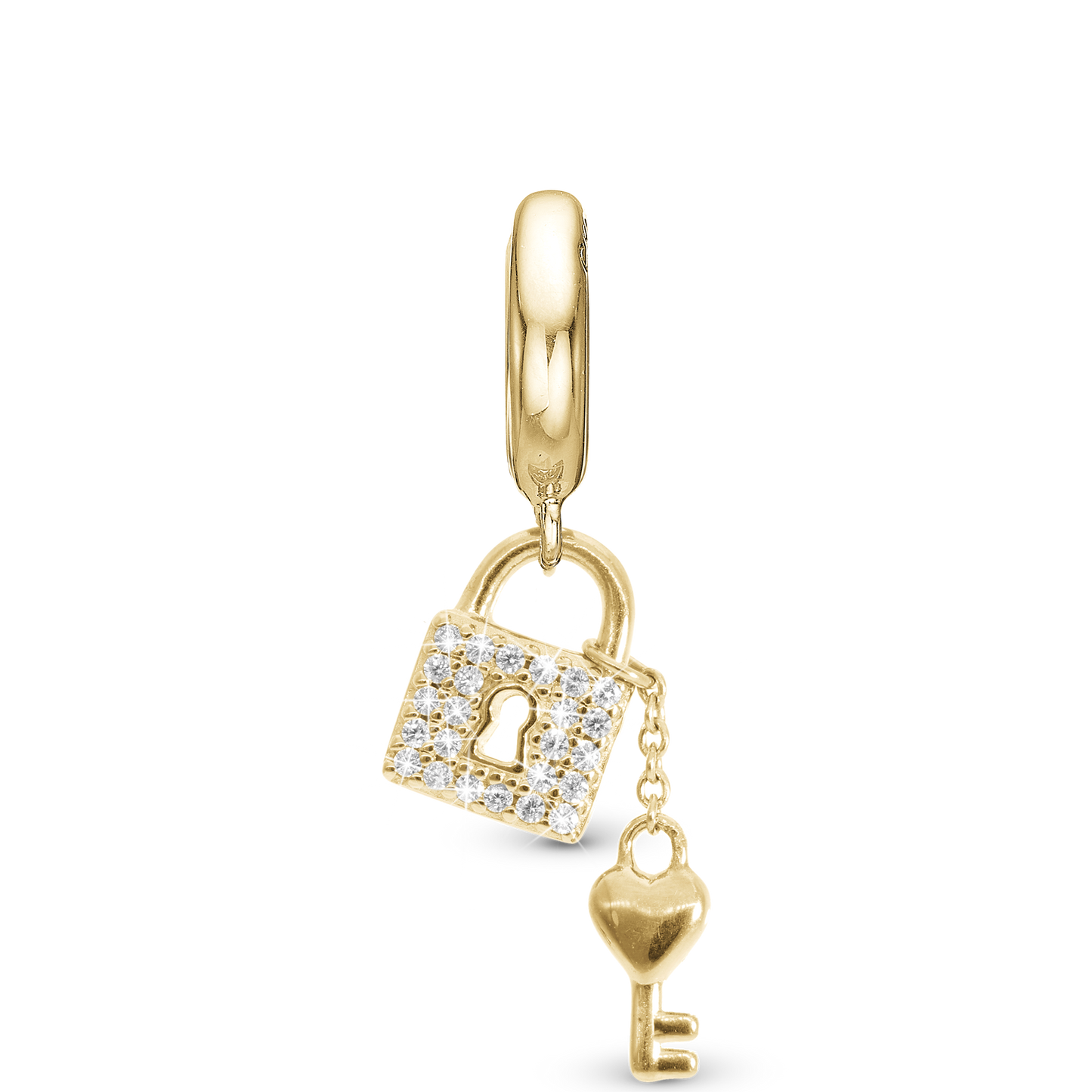 Unlock my Heart Drop Earring Charm 6 mm for Bracelet - Polished Gold Plated Sterling Silver with 24 white Cubic Zirkonia