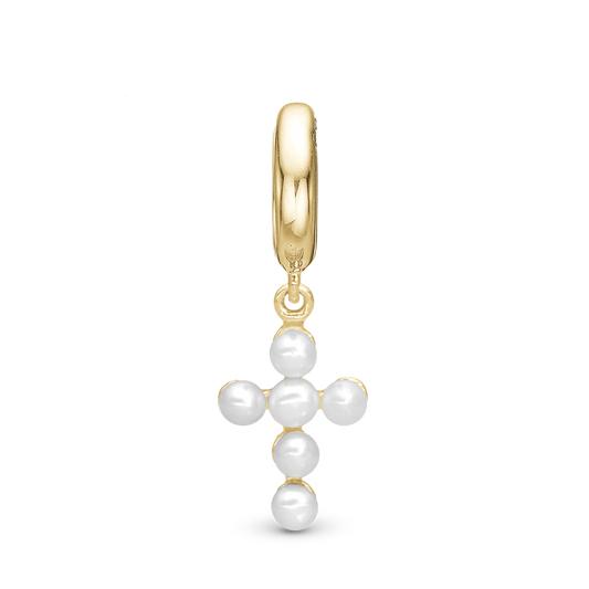 Pearl cross Drop Earring Charm 6 mm for Bracelet - Polished Gold Plated Sterling Silver with 6 white Ferskvandsperler