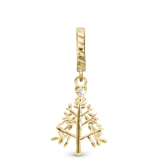 Christmas 2025 - Christmas Tree Drop Earring Charm 6 mm for Bracelet - Polished Gold Plated Sterling Silver with 1 Cubic Zirkonia