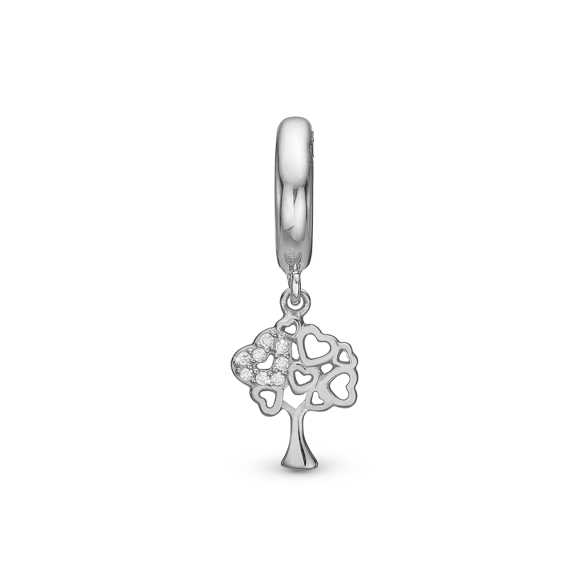 Tree of Hearts Drop Charm 6 mm for Leather Bracelet - Polished Sterling Silver with 8 white Cubic Zirkonia