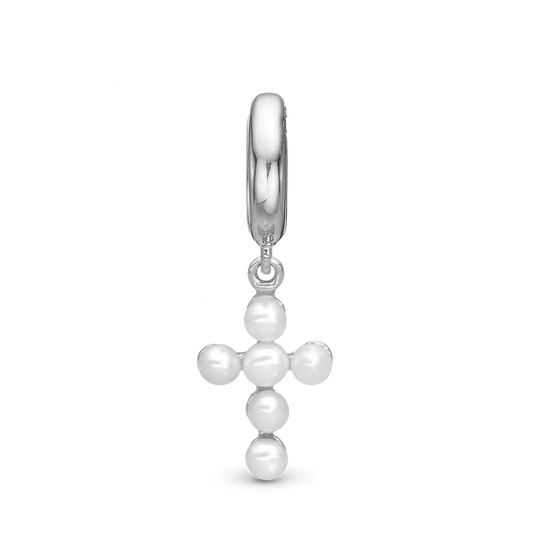 Pearl cross Drop Earring Charm 6 mm for Bracelet - Polished Sterling Silver with 6 white Ferskvandsperler