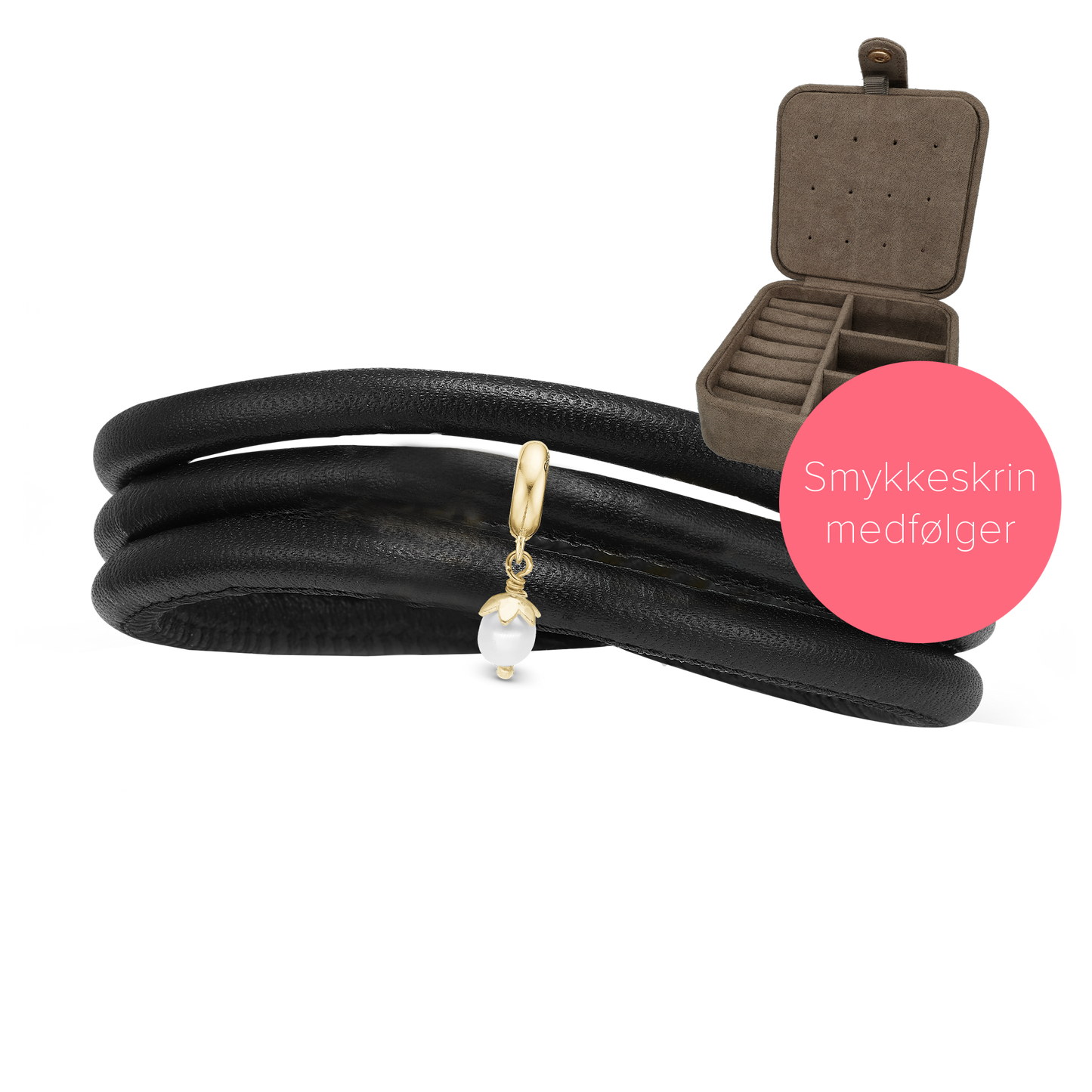 Embrace Slim Læder Sæt - med 4 mm Charm i Gold Plated Sterling Silver og Smykkeskrin