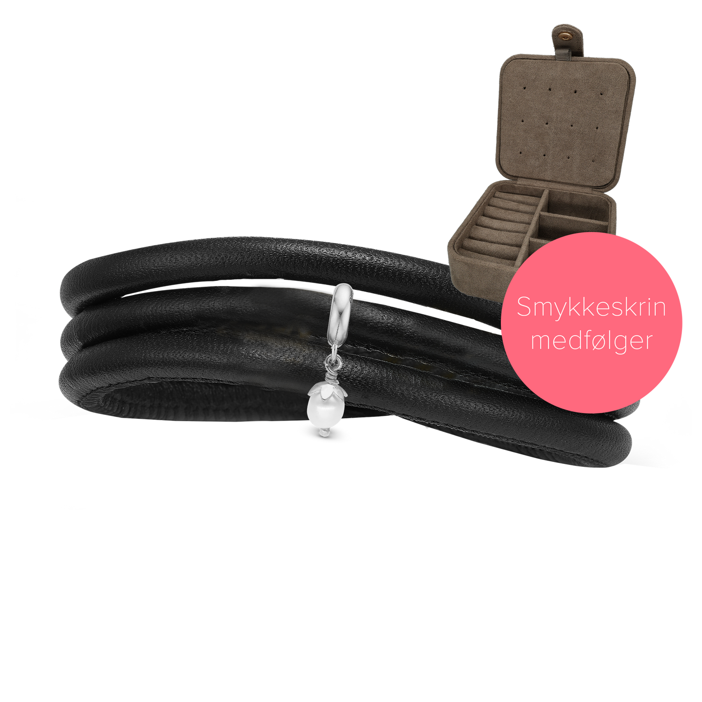 Embrace Slim Læder Sæt - med 4 mm Charm i Sterling Silver og Smykkeskrin