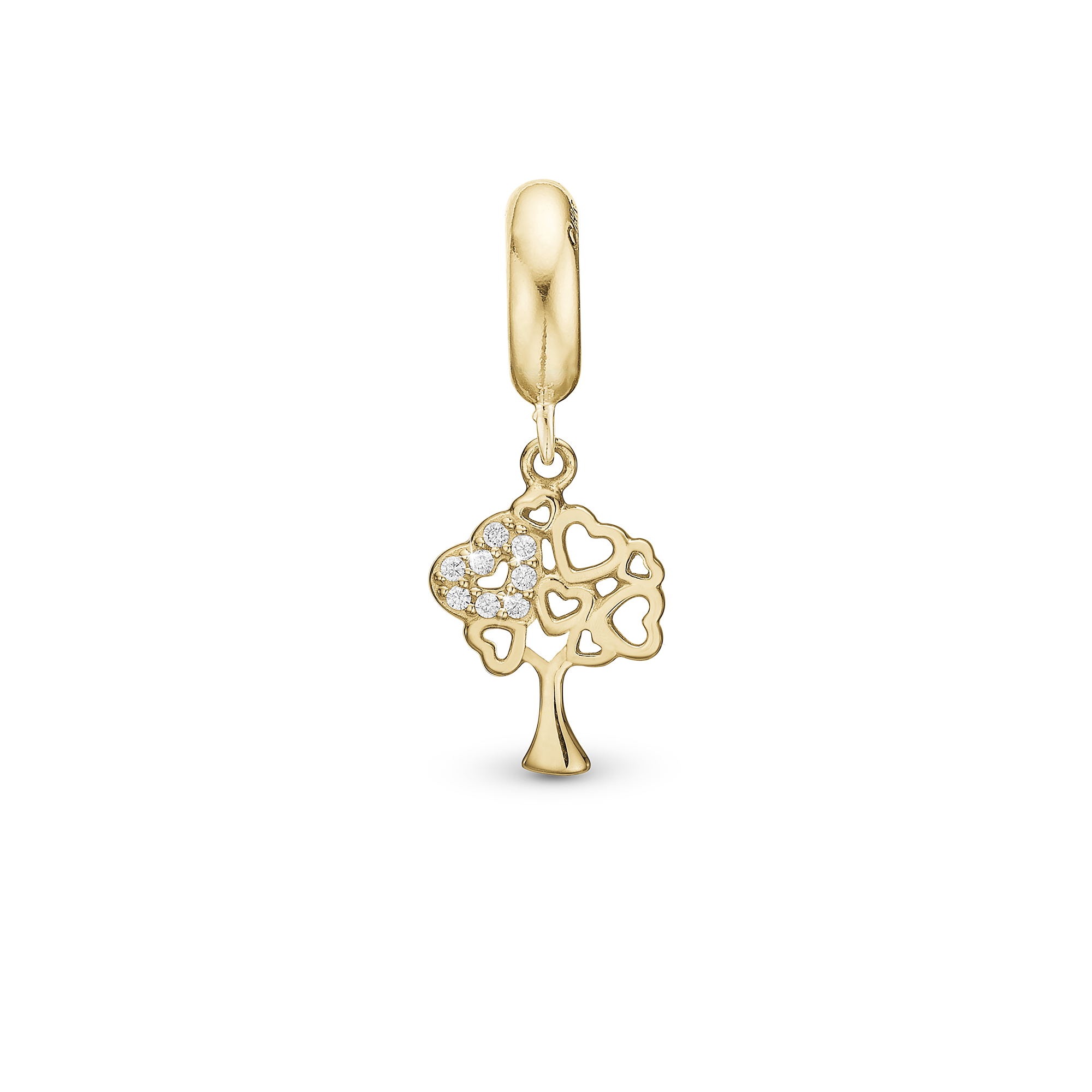 Tree of Hearts - Drop Earring Charm 4 mm for Bracelet - Polished Gold Plated Sterling Silver with 8 Cubic Zirkonia