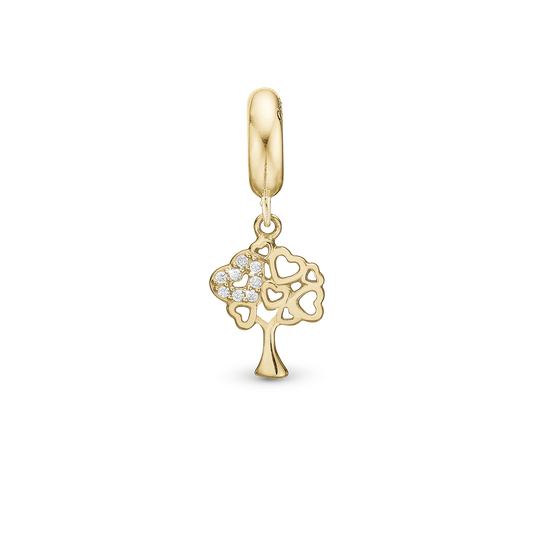 Tree of Hearts - Drop Earring Charm 4 mm for Bracelet - Polished Gold Plated Sterling Silver with 8 Cubic Zirkonia