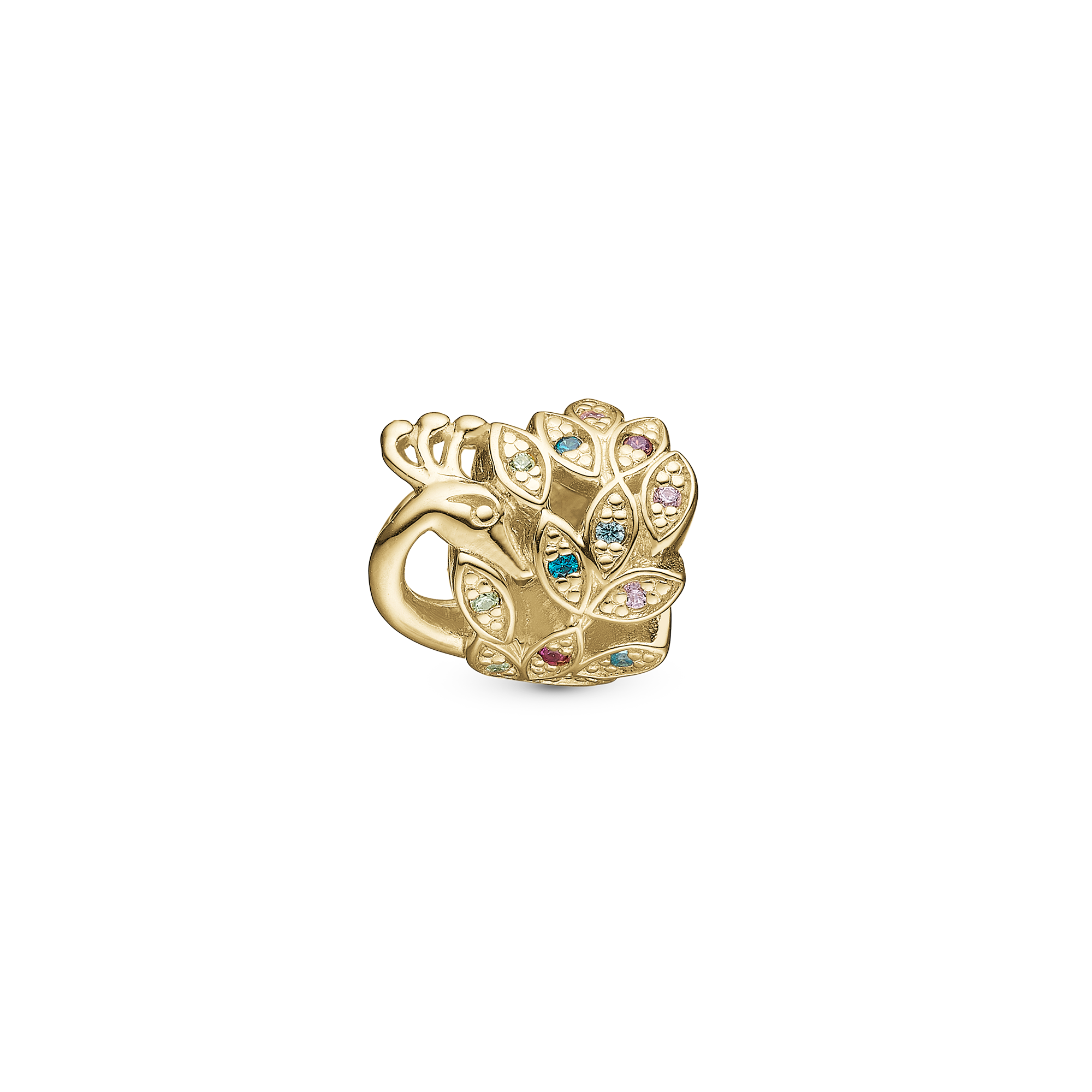Peacock - Charm 4 mm for Bracelet - Polished Gold Plated Sterling Silver with 13 Cubic Zirkonia