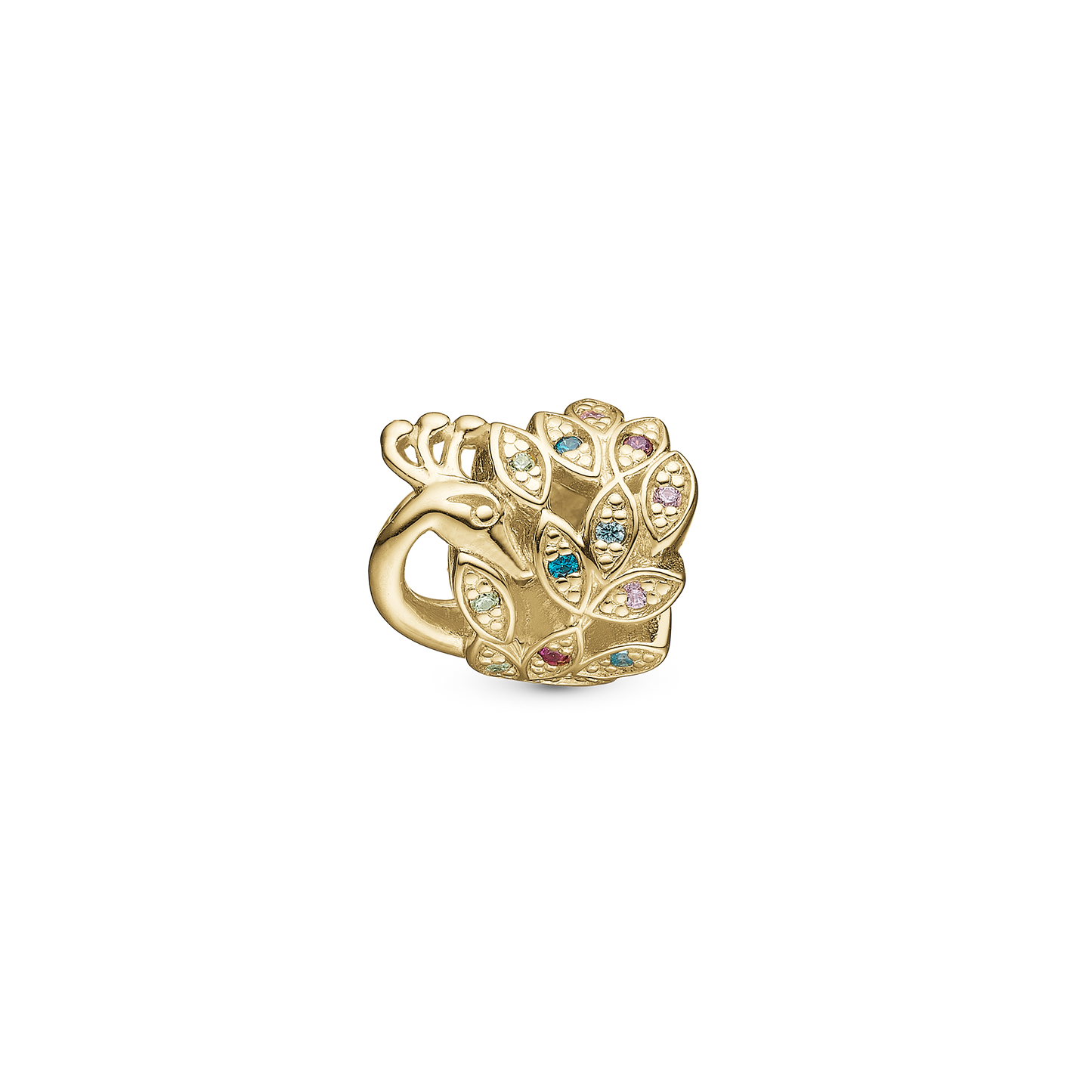 Peacock - Charm 4 mm for Bracelet - Polished Gold Plated Sterling Silver with 13 Cubic Zirkonia