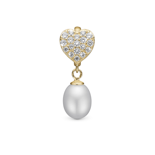 Sparkling Heart - Drop Earring Charm 4 mm for Bracelet - Gold Plated Sterling Silver with 19 Ferskvandsperler