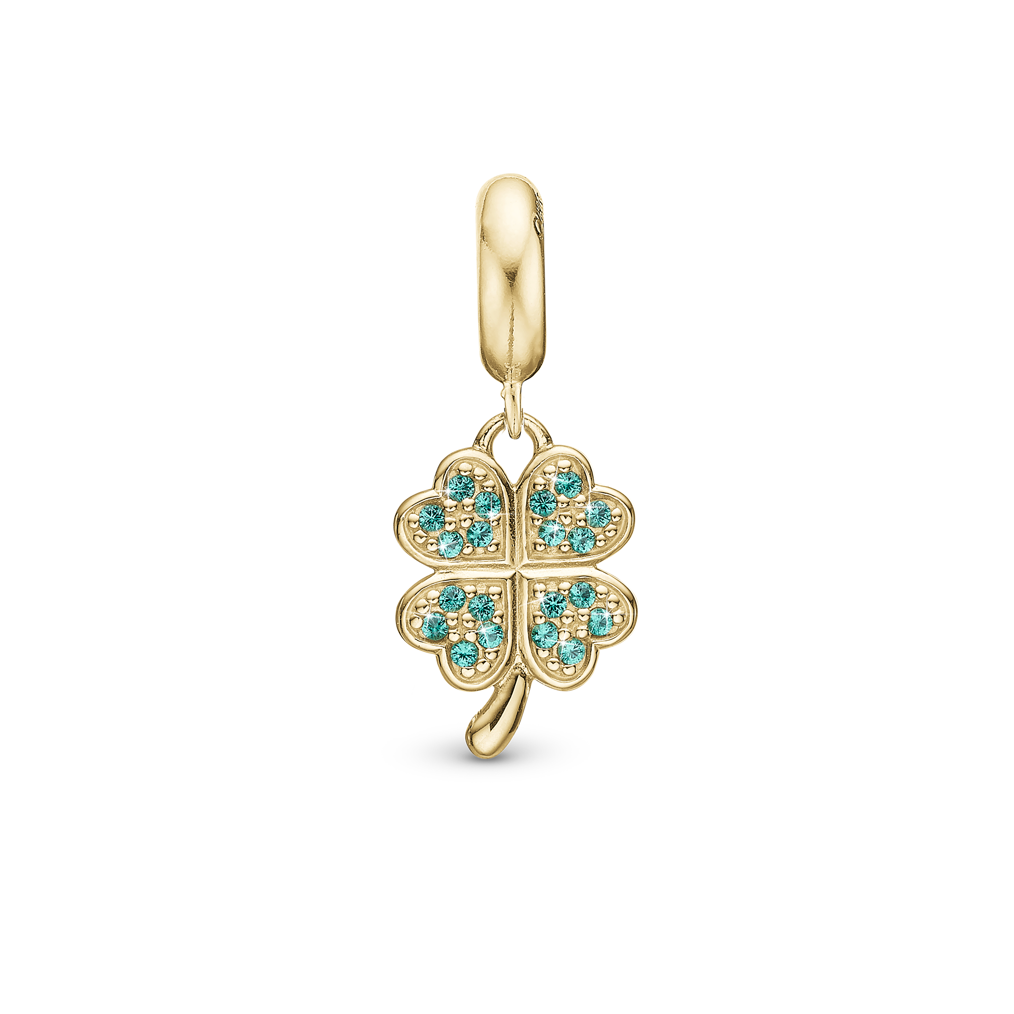 Lucky Clover - Drop Charm 4 mm for Bracelet - Gold Plated Sterling Silver with 20 Cubic Zirkonia