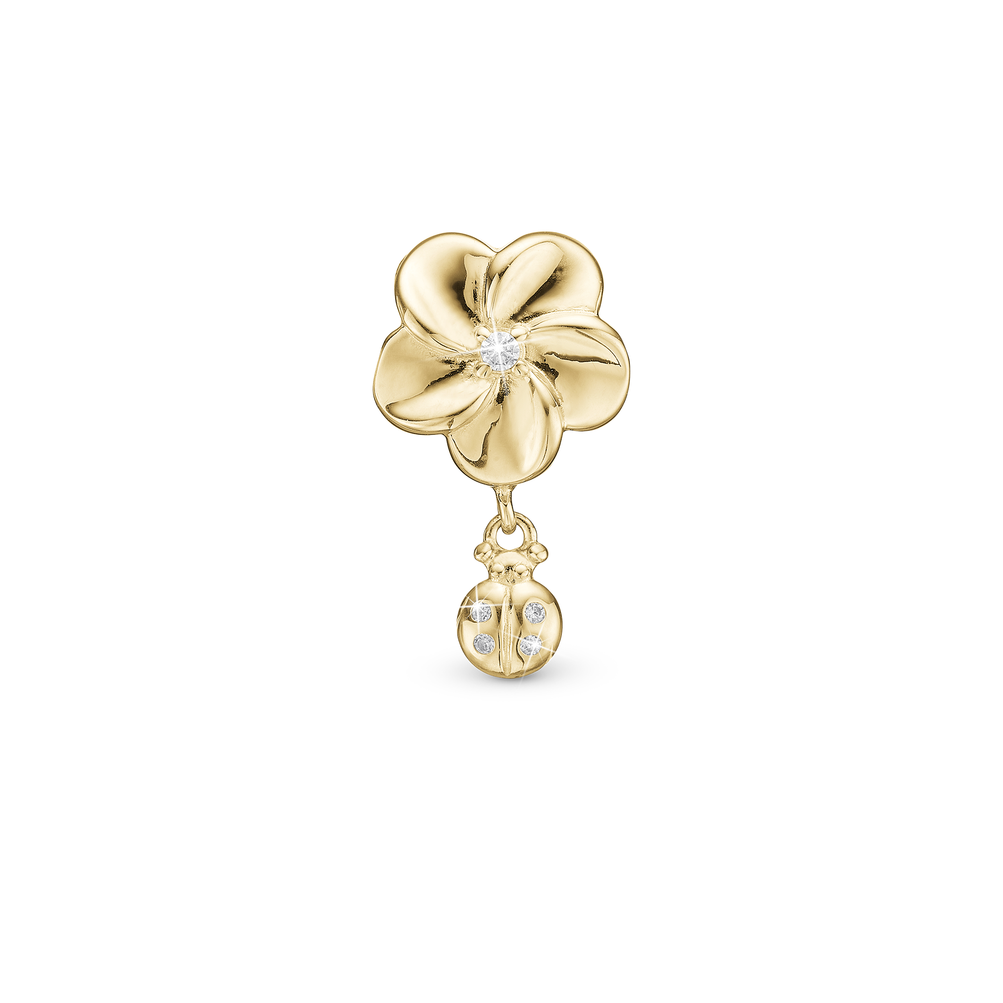 Flower and Ladybird - Drop Charm 4 mm for Bracelet - Gold Plated Sterling Silver with 5 Cubic Zirkonia