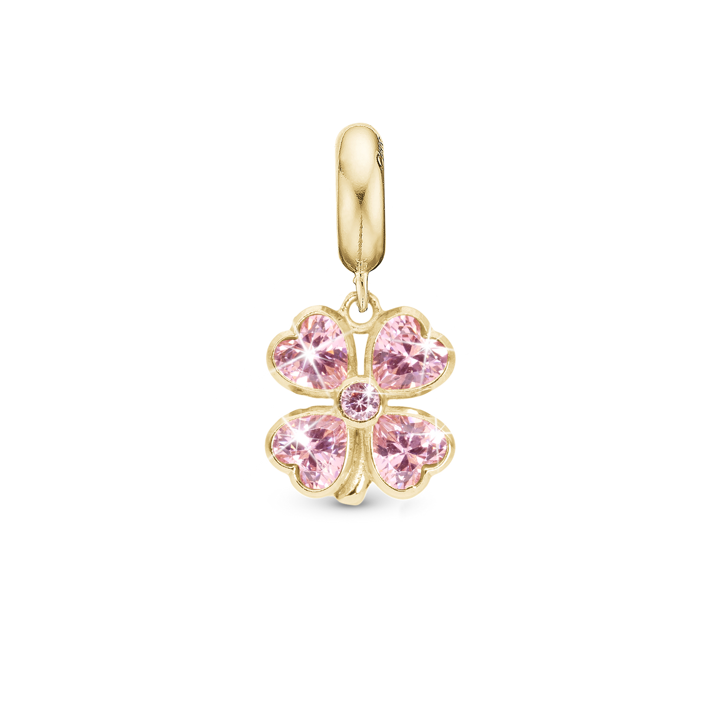 Pink Heart Clover - Dangle Charm 4 mm with Bracelet - Polished Gold-Plated Sterling Silver with 5 Cubic Zirconia