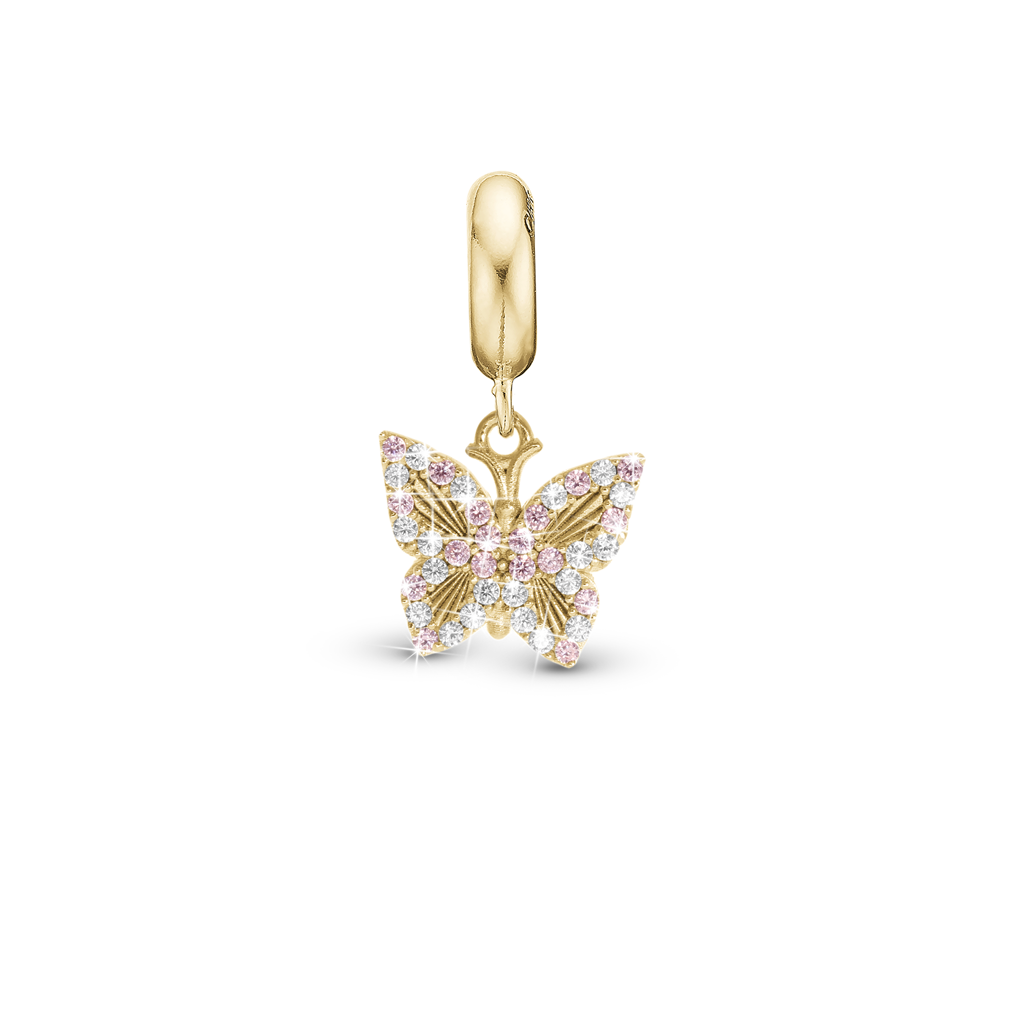 Sparkling Butterfly - Drop Charm 4 mm for Bracelet - Polished Gold Plated Sterling Silver with 20 Cubic Zirkonia