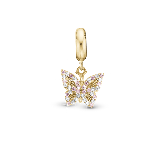 Sparkling Butterfly - Drop Earring Charm 4 mm for Bracelet - Polished Gold Plated Sterling Silver with 20 Cubic Zirkonia