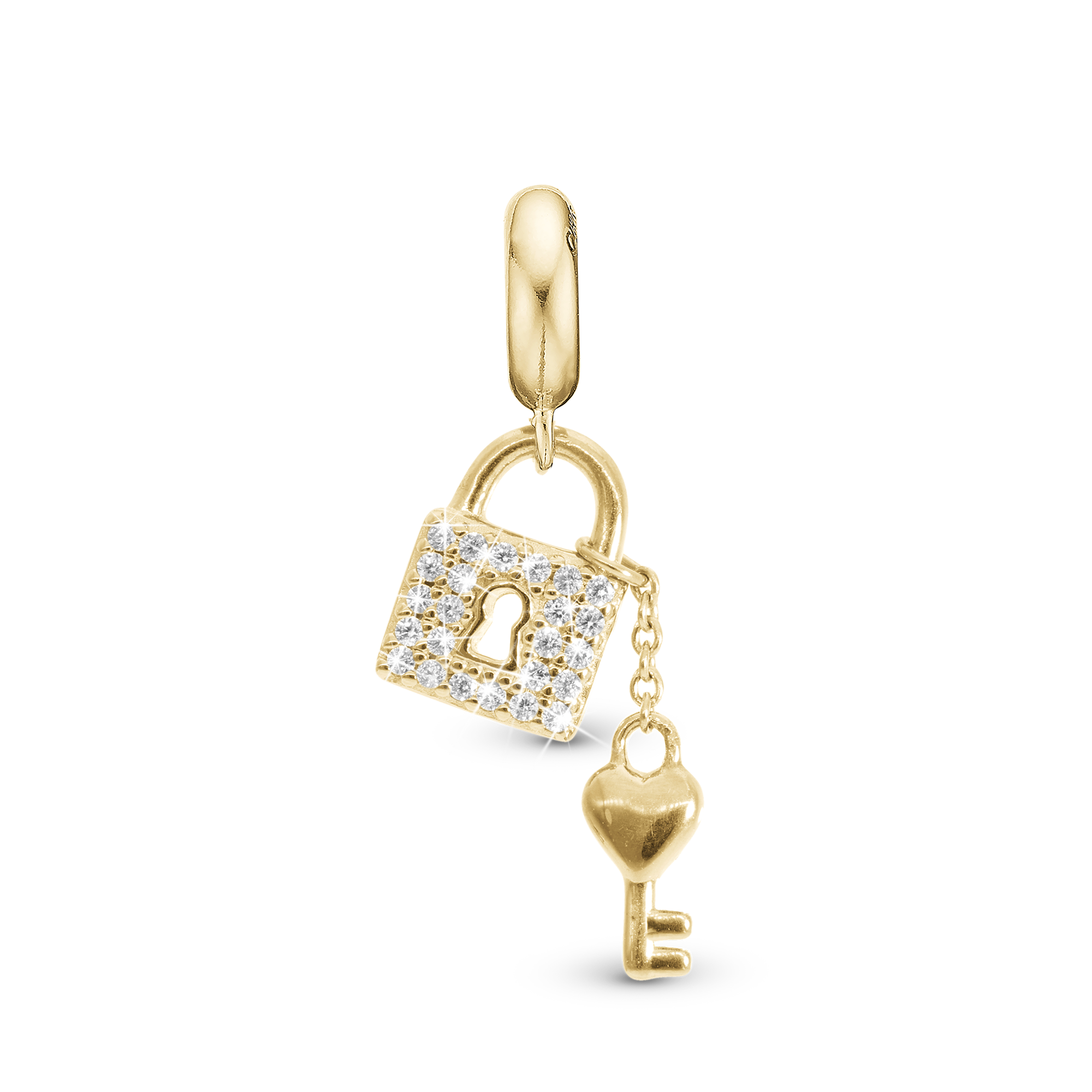 Unlock my Heart - Dangle Charm 4 mm with Bracelet - Polished Gold-Plated Sterling Silver with 24 Cubic Zirconia