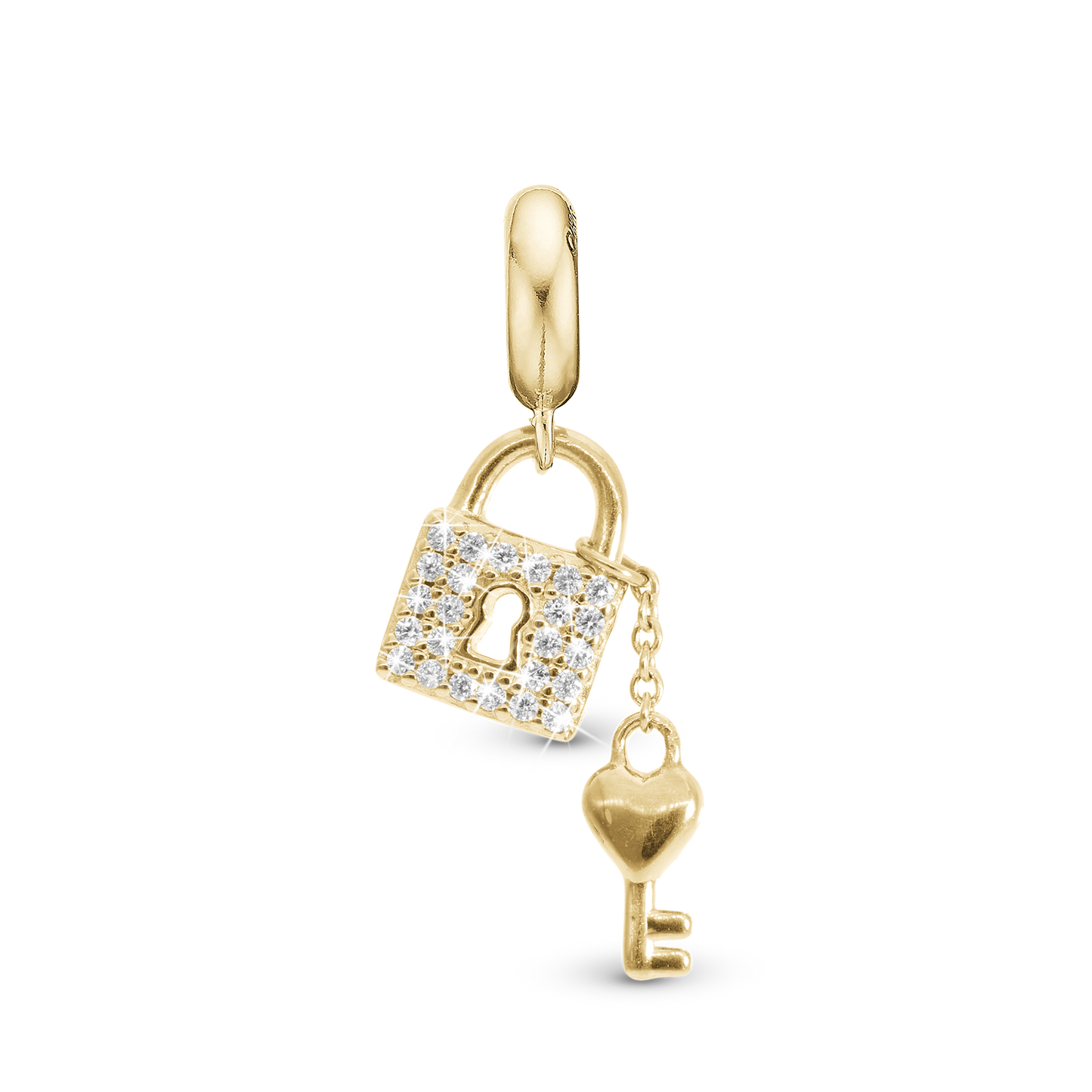 Unlock my Heart - Dangle Charm 4 mm with Bracelet - Polished Gold-Plated Sterling Silver with 24 Cubic Zirconia