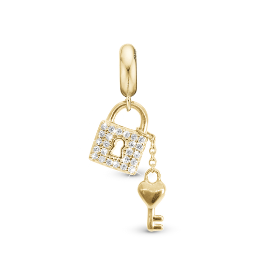 Unlock my Heart - Dangle Charm 4 mm with Bracelet - Polished Gold-Plated Sterling Silver with 24 Cubic Zirconia