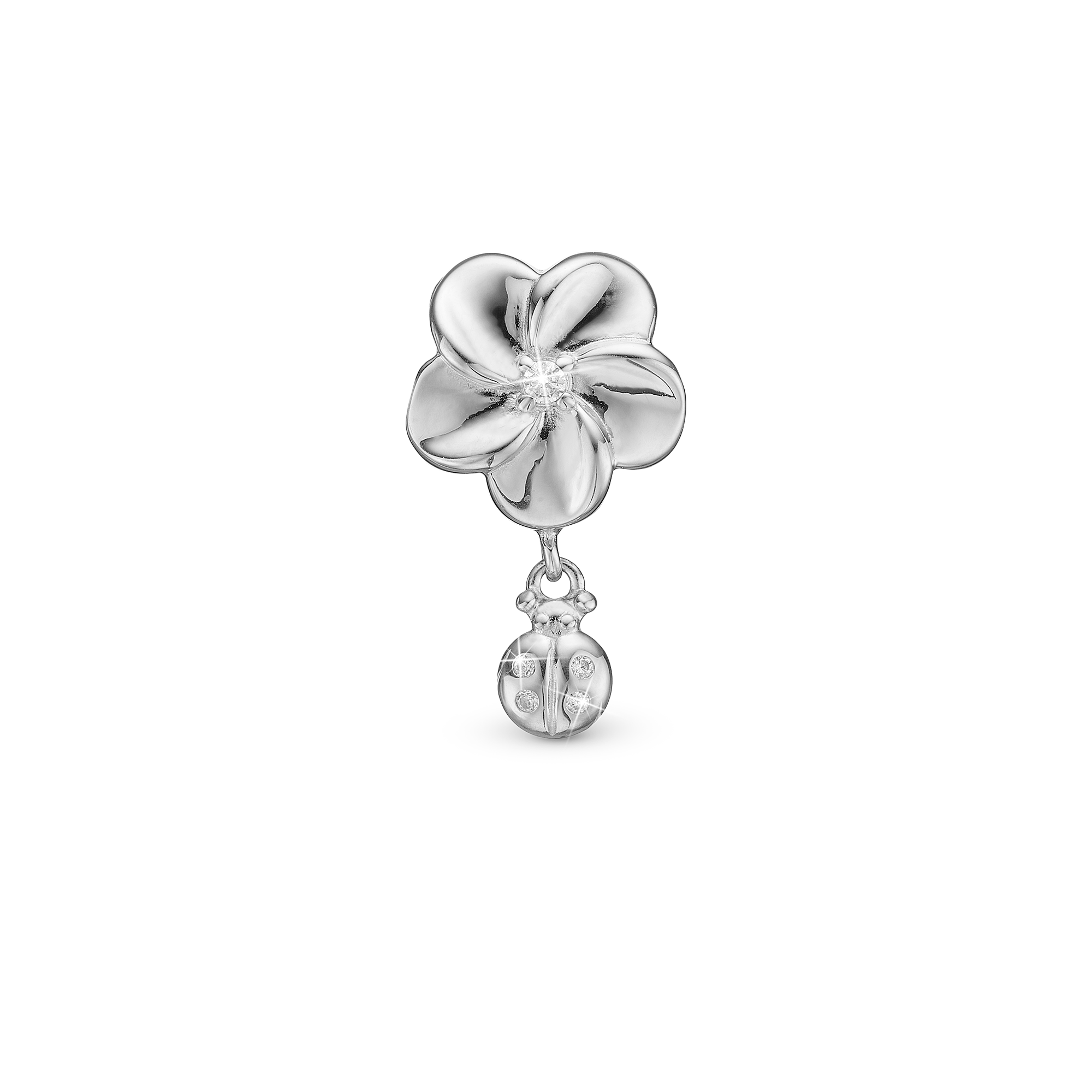 Flower and Ladybird - Drop Charm 4 mm for Bracelet - Sterling Silver with 5 Cubic Zirkonia