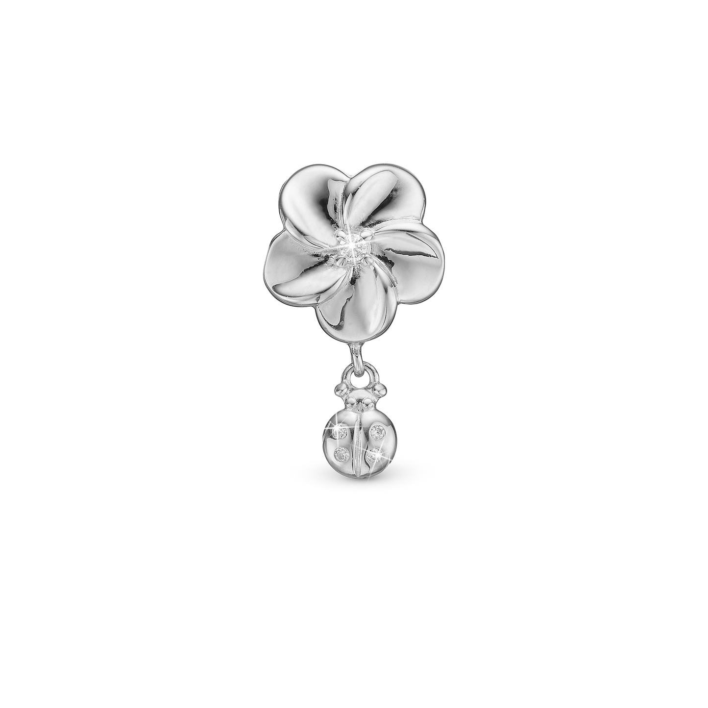 Flower and Ladybird - Drop Earring Charm 4 mm for Bracelet - Sterling Silver with 5 Cubic Zirkonia