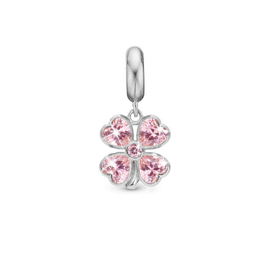 Pink Heart Clover - Drop Earring Charm 4 mm for Bracelet - Polished Sterling Silver with 5 Cubic Zirkonia