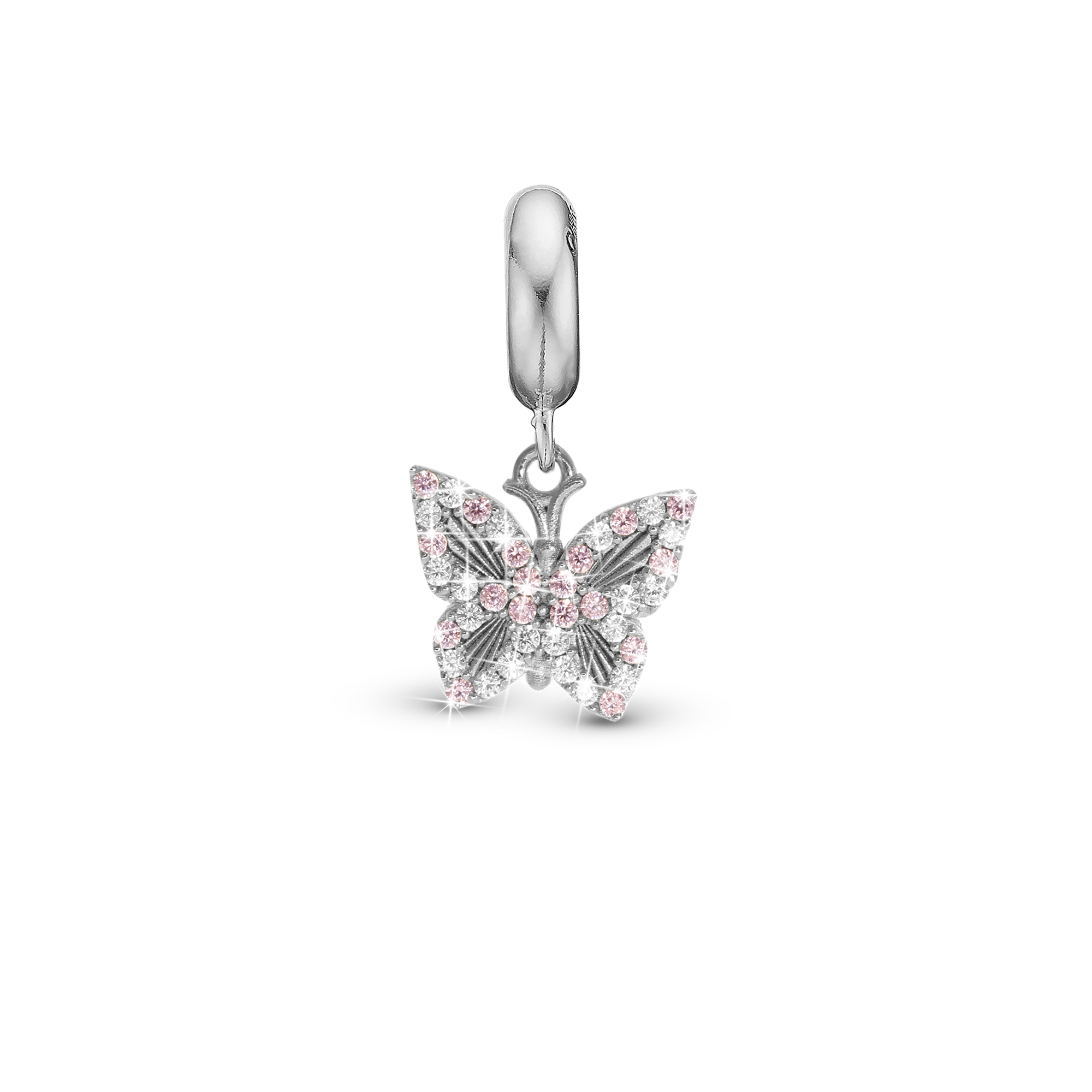 Sparkling Butterfly - Drop Charm 4 mm for Bracelet - Polished Sterling Silver with 20 Cubic Zirkonia