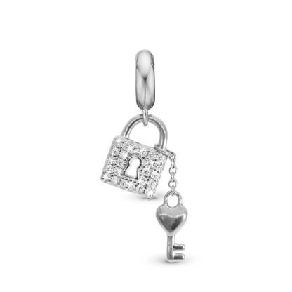 Unlock my Heart - Dangle Charm 4 mm with Bracelet - Polished Sterling Silver with 24 Cubic Zirconia