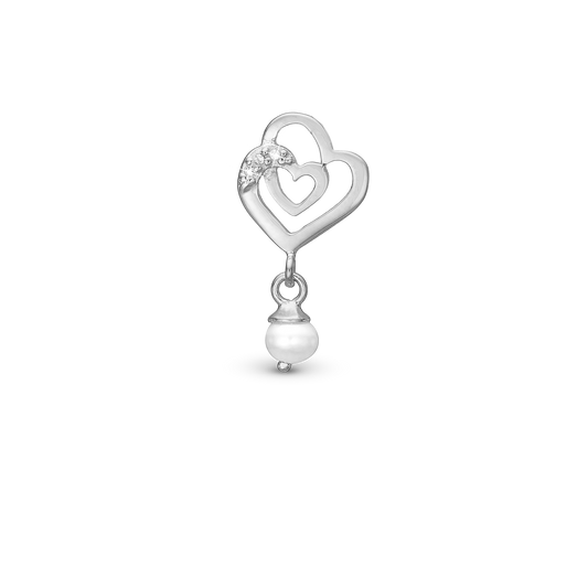 Two Hearts - Drop Earring Charm 4 mm for Bracelet - Polished Sterling Silver with 3 Cubic Zirkonia