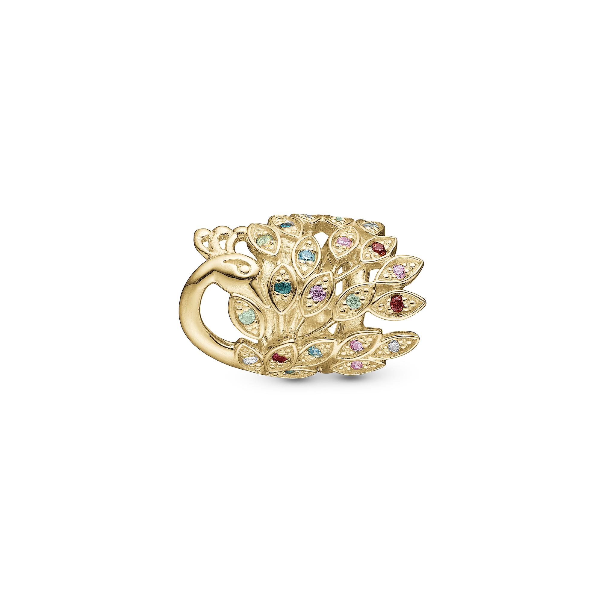 Peacock Charm 6 mm for Classic Leather Bracelet - Polished Gold Plated Sterling Silver with 21 Multi color Cubic Zirkonia