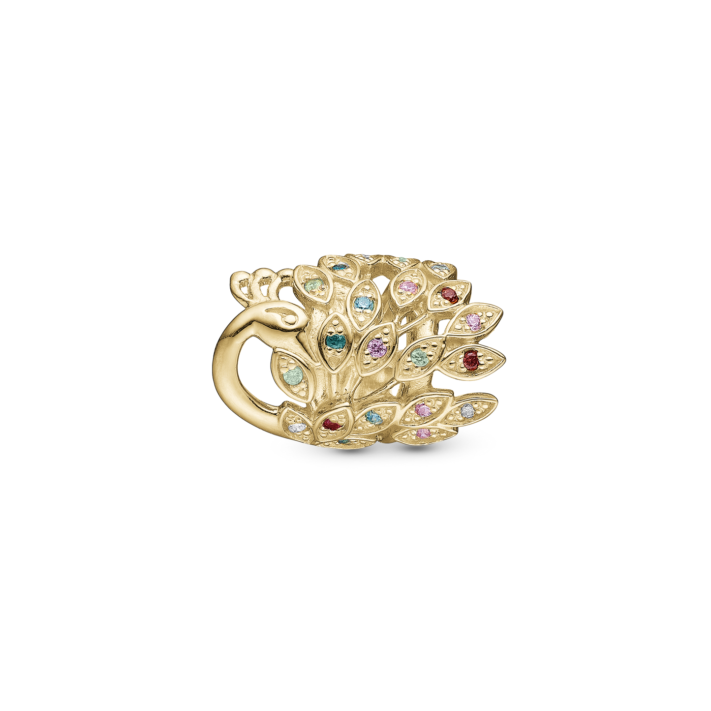 Peacock Charm 6 mm for Classic Leather Bracelet - Polished Gold Plated Sterling Silver with 21 Multi color Cubic Zirkonia