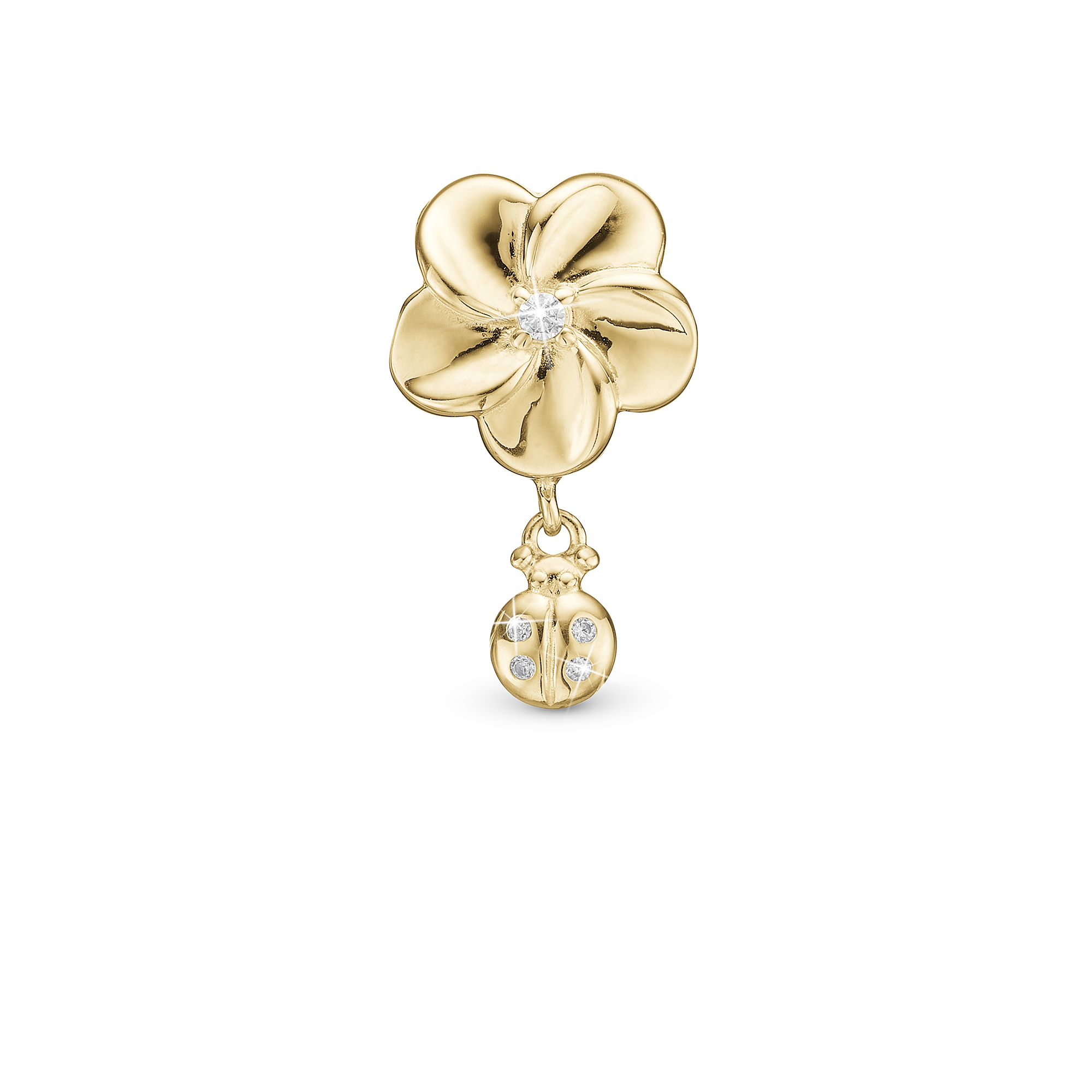 Flower and Ladybird Charm 6 mm for Classic Leather Bracelet - Gold Plated Sterling Silver with 5 white Cubic Zirkonia