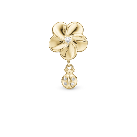 Flower and Ladybird Charm 6 mm for Classic Leather Bracelet - Gold Plated Sterling Silver with 5 white Cubic Zirkonia