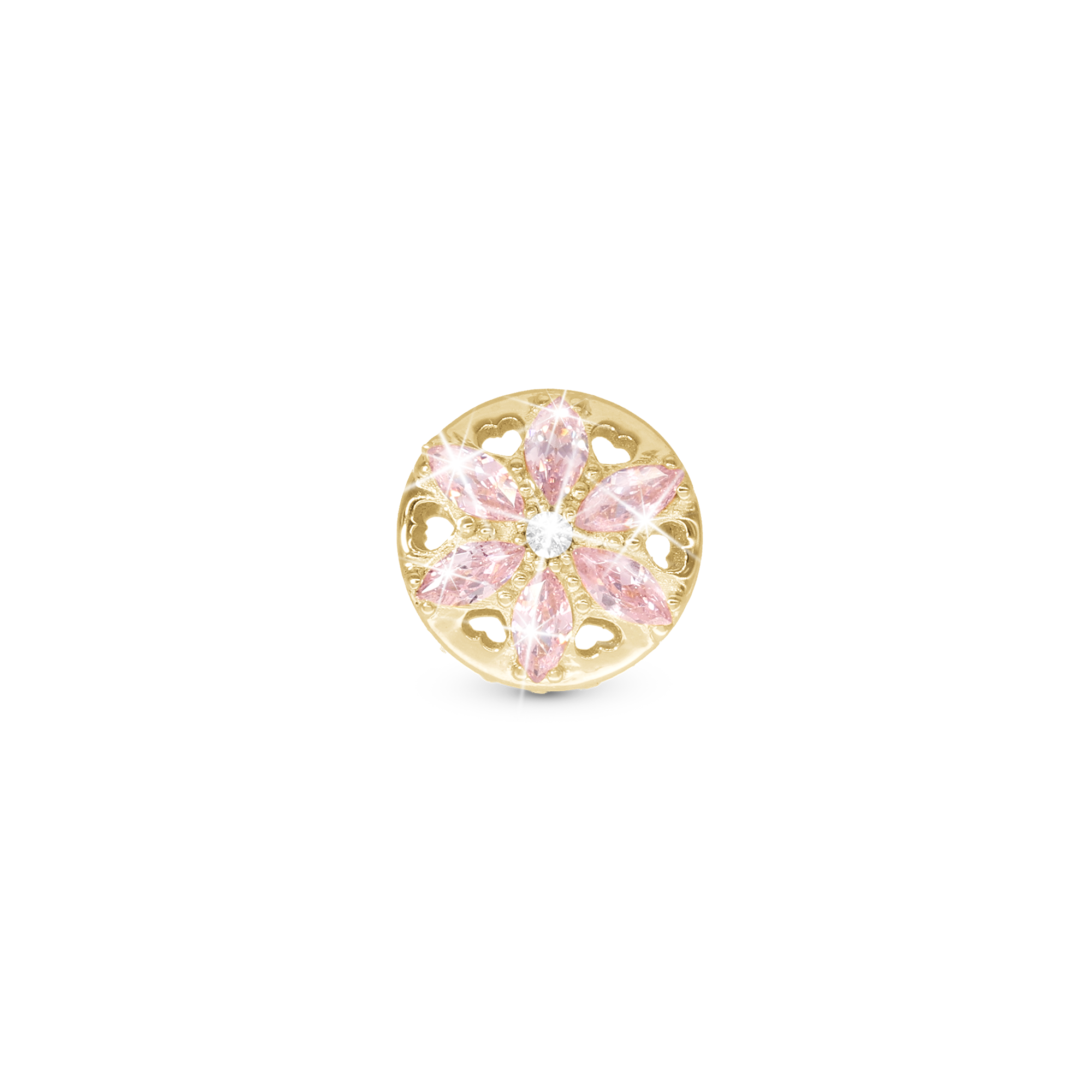 Sparkling pink flower Charm 6 mm for Classic Leather Bracelet - Polished Gold Plated Sterling Silver with 3 white Ferskvandsperler