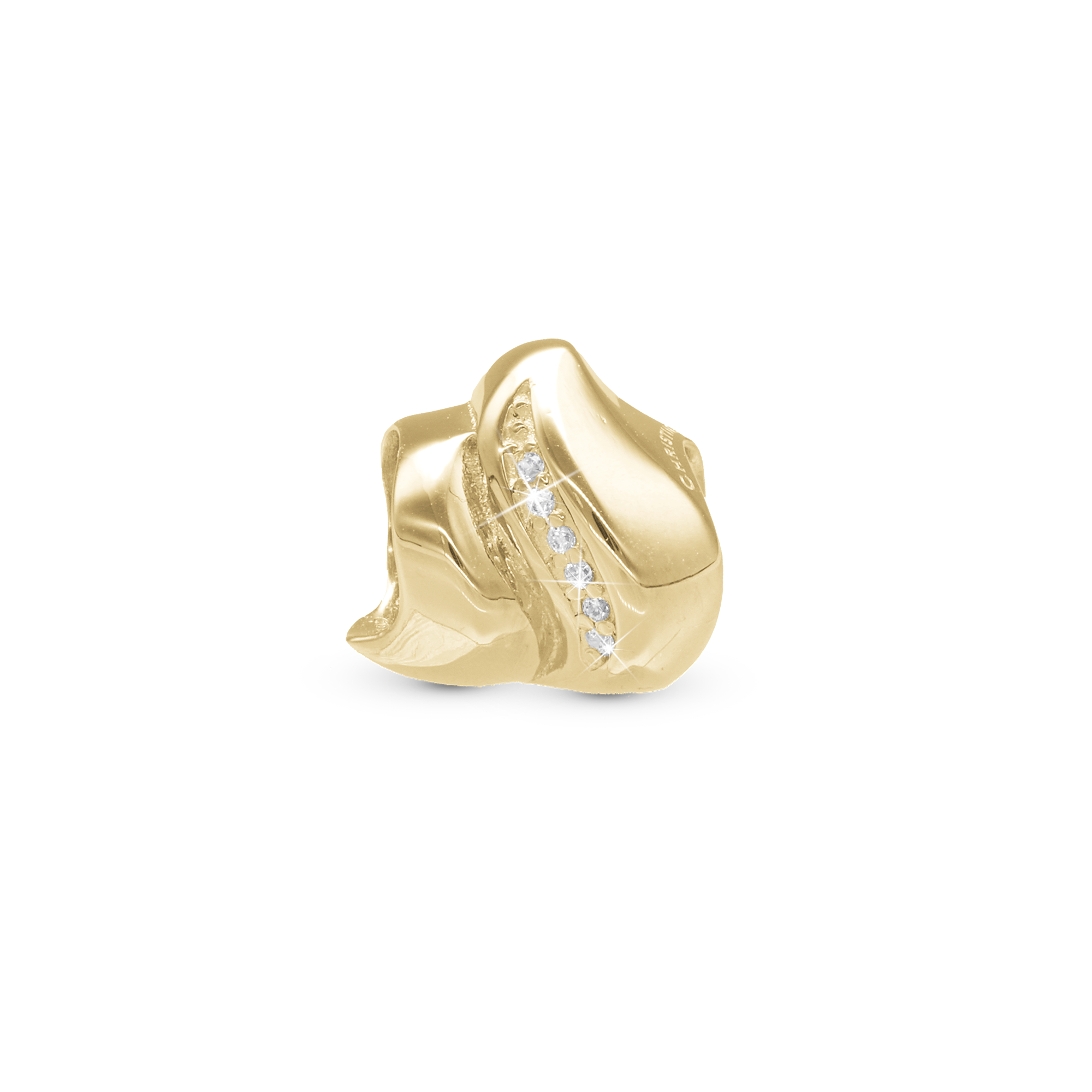 Majestic wave Charm 6 mm for Classic Leather Bracelet - Polished Gold Plated Sterling Silver with 6 white Cubic Zirkonia