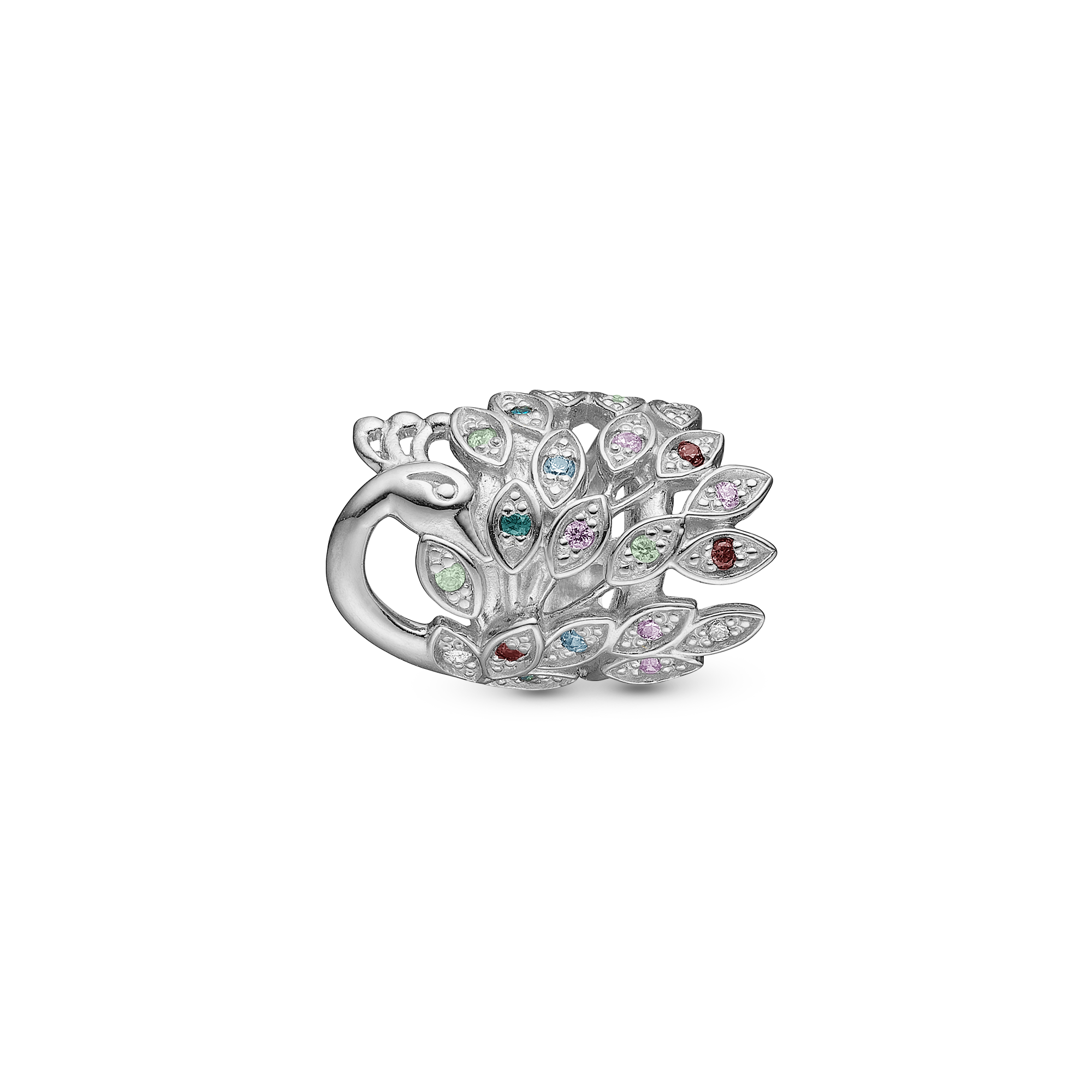 Peacock Charm 6 mm for Classic Leather Bracelet - Polished Sterling Silver with 21 Multi color Cubic Zirkonia