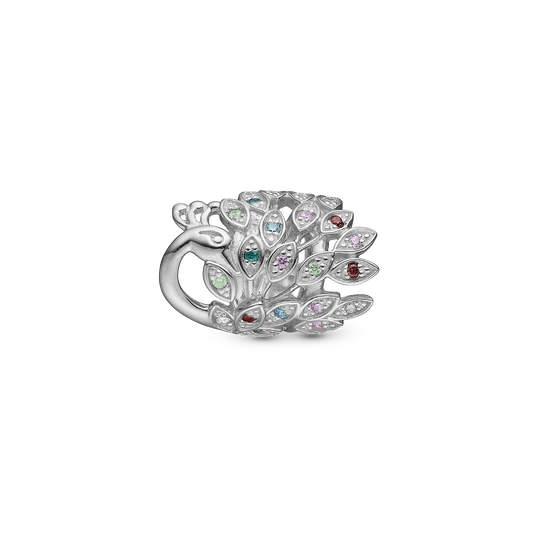 Peacock Charm 6 mm for Classic Leather Bracelet - Polished Sterling Silver with 21 Multi color Cubic Zirkonia