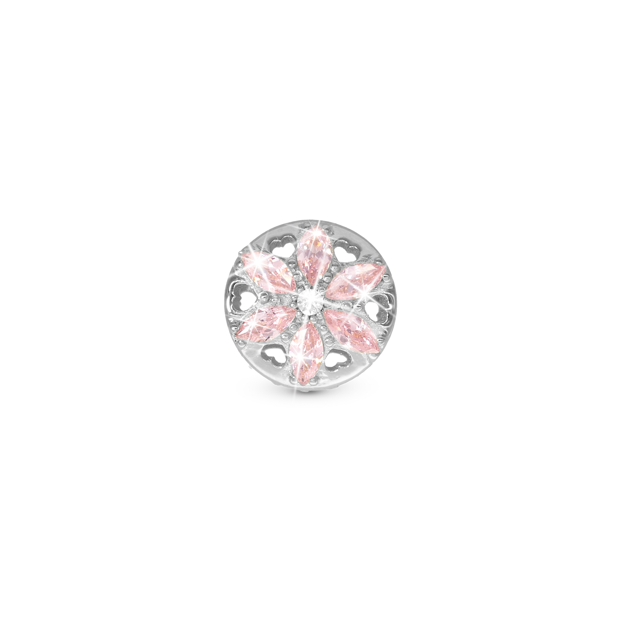 Sparkling pink flower Charm 6 mm for Classic Leather Bracelet - Polished Sterling Silver with 3 white Ferskvandsperler