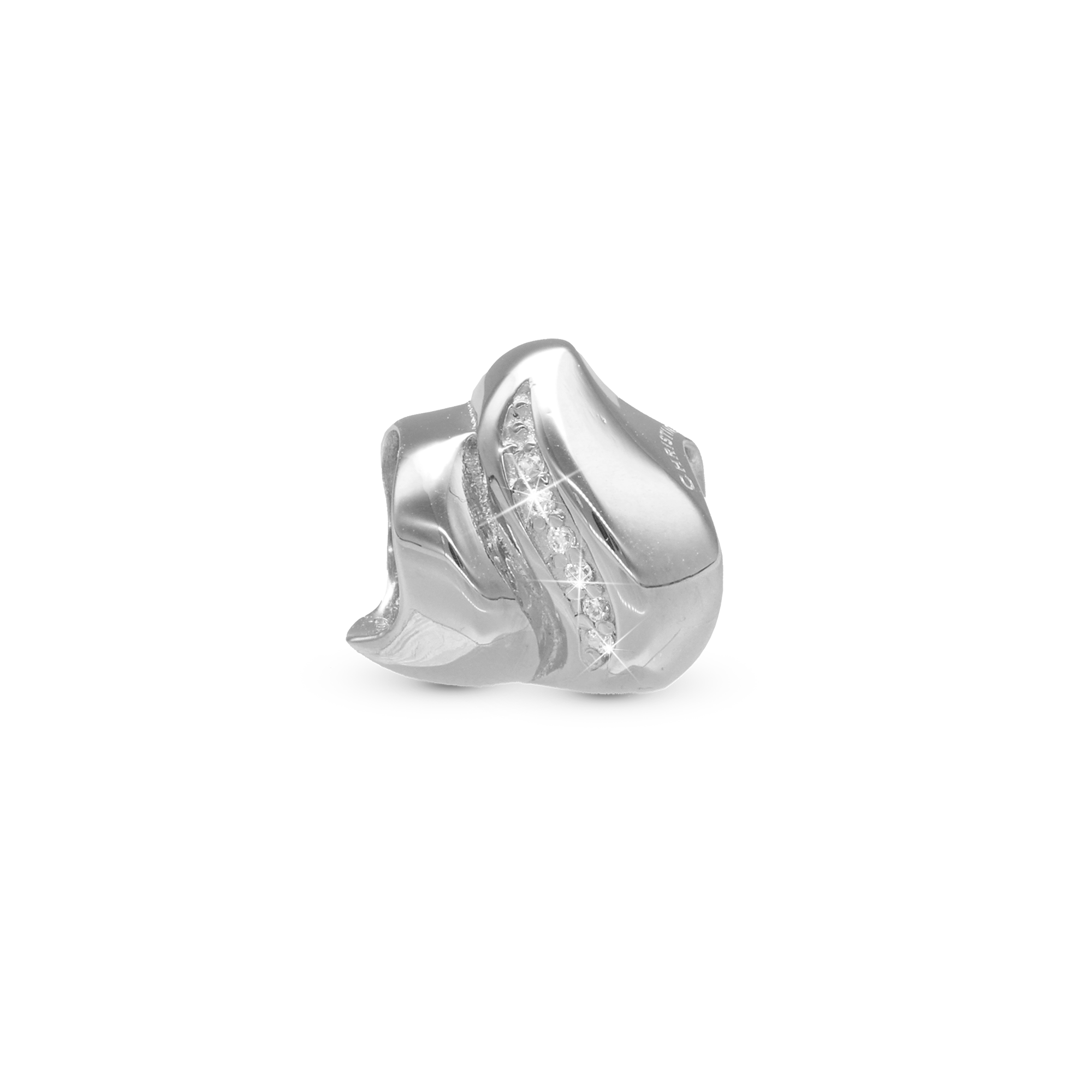 Majestic wave Charm 6 mm for Classic Leather Bracelet - Polished Sterling Silver with 6 white Cubic Zirkonia