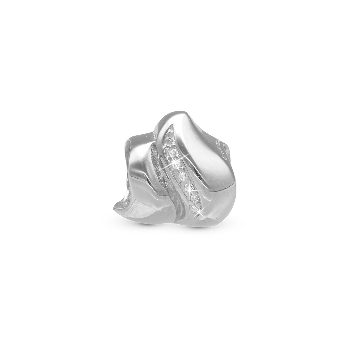 Majestic wave Charm 6 mm for Classic Leather Bracelet - Polished Sterling Silver with 6 white Cubic Zirkonia