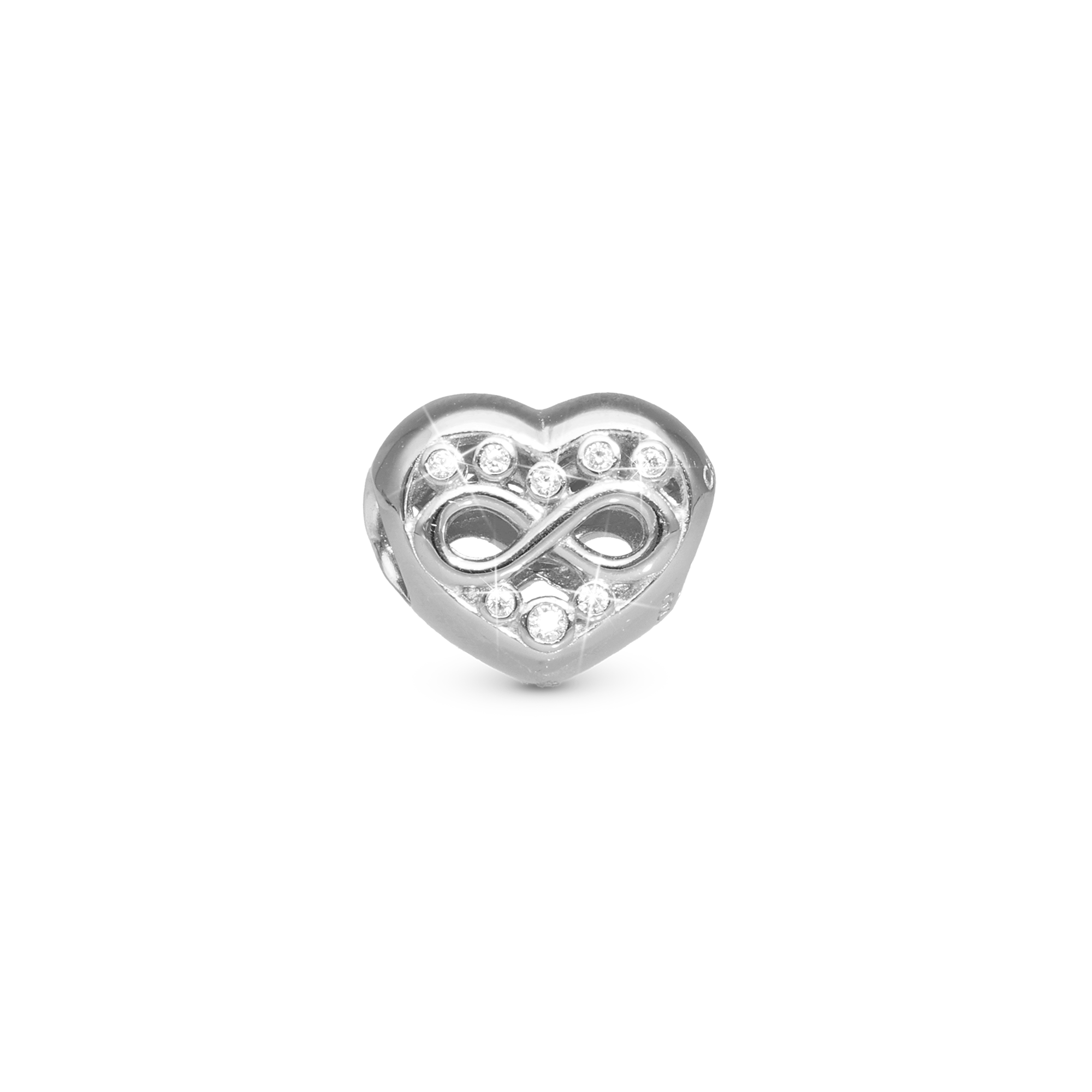 Eternity Love heart Charm 6 mm for Classic Leather Bracelet - Polished Sterling Silver with 16 white Cubic Zirkonia
