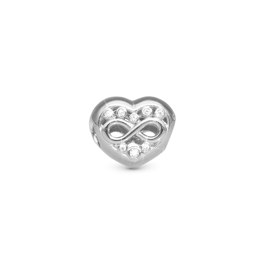 Eternity Love heart Charm 6 mm for Classic Leather Bracelet - Polished Sterling Silver with 16 white Cubic Zirkonia