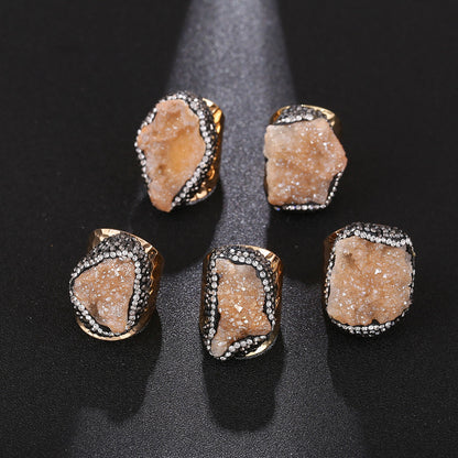Irregular natural crystal cluster ring, original stone crystal set with diamonds, natural stone gold-plated handmade jewelry